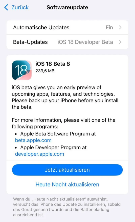 珠晖苹果手机维修分享苹果 iOS / iPadOS 18 开发者预览版 Beta 8 发布 